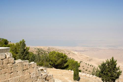 Dead Sea parted by Moses. A view from Mount Nebo, Jordan. According to the Bible, the exact location of Moses' grave is unknown, in order to impede idolatry